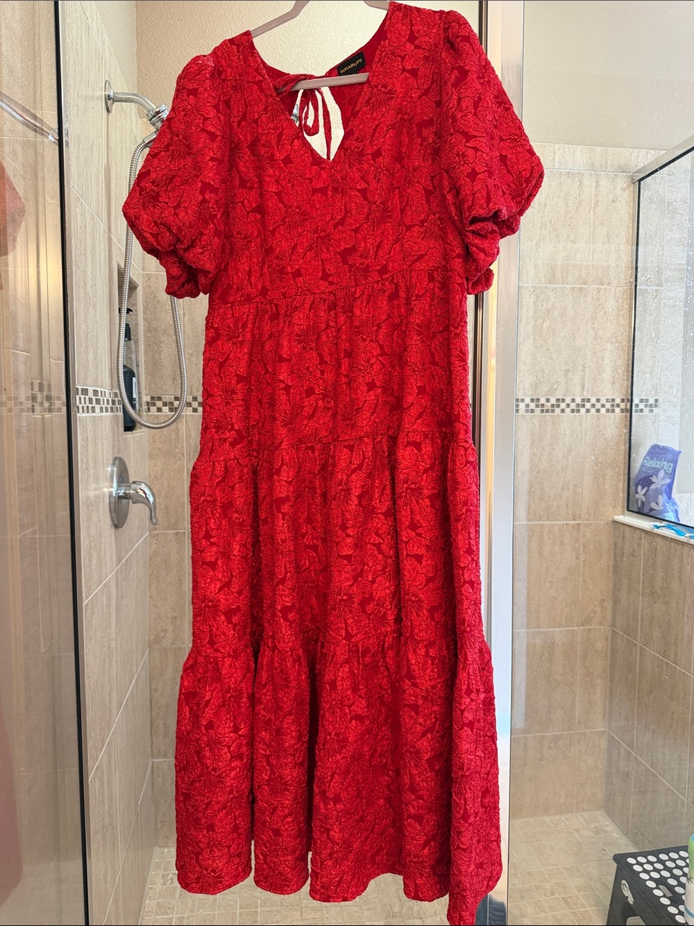 Sugarlips Red Textured Puff-Sleeve Maxi Dress
